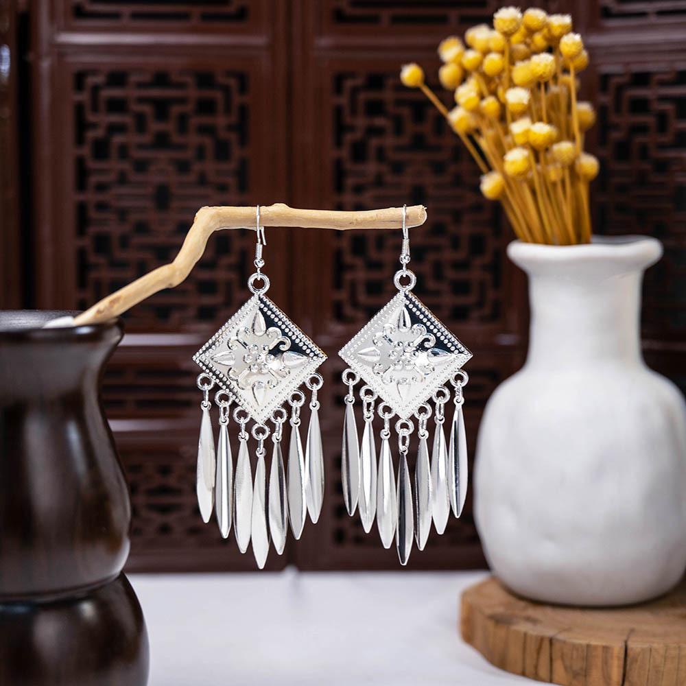 Miao Silver Tassel Dangle Earrings: Ethnic-Style Studs for Women