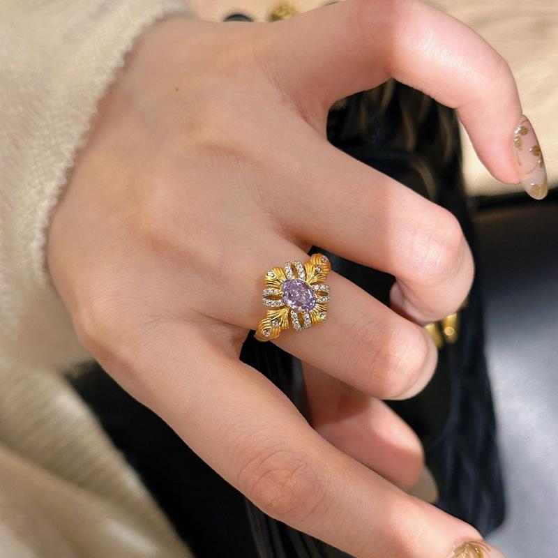 Vintage Elegant Style Purple crystal Rings for women Light Luxury Stylish Adjustable Ring Party Wedding Romantic