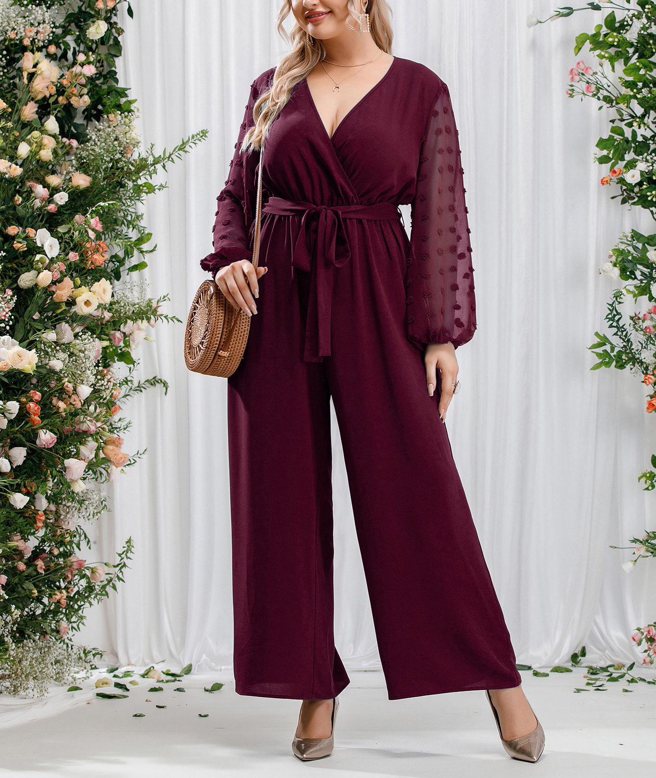 

Plus Size Lace-up High Waist Patchwork Wide-Leg Jumpsuit for Women 3XL вино красного
