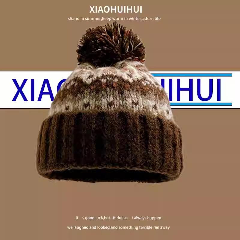 Chapeau Tricoté Jacquard Boule de Cheveux Style Fair Isle Japonais Pour Hommes et Femmes Chapeau Crâne Chaud Hiver Casual Protection Oreilles 56-58cm black