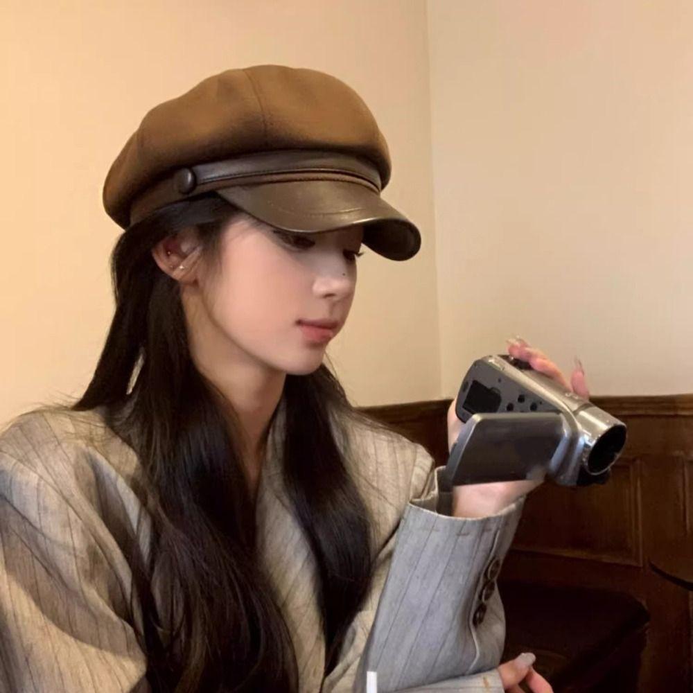 Korean Style Wool Octagonal Hat British Style Painter Hat Retro Pu Leather Beret  Winter
