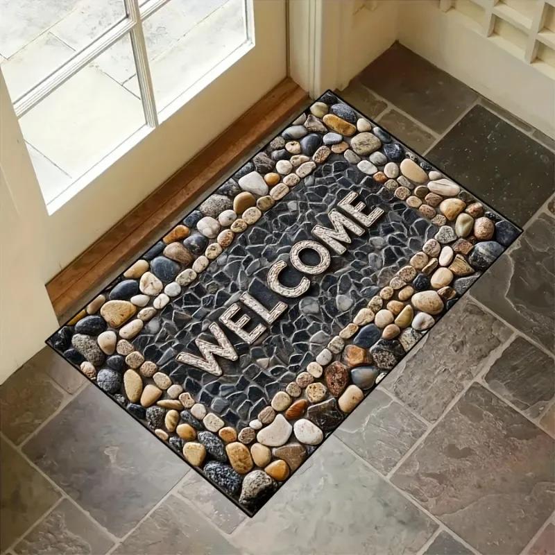Pebble Pattern Welcome Door Mat Natural Style Rug Non Slip Absorbent Entrance Mat Home Decor Durable Indoor Outdoor Floor Mat