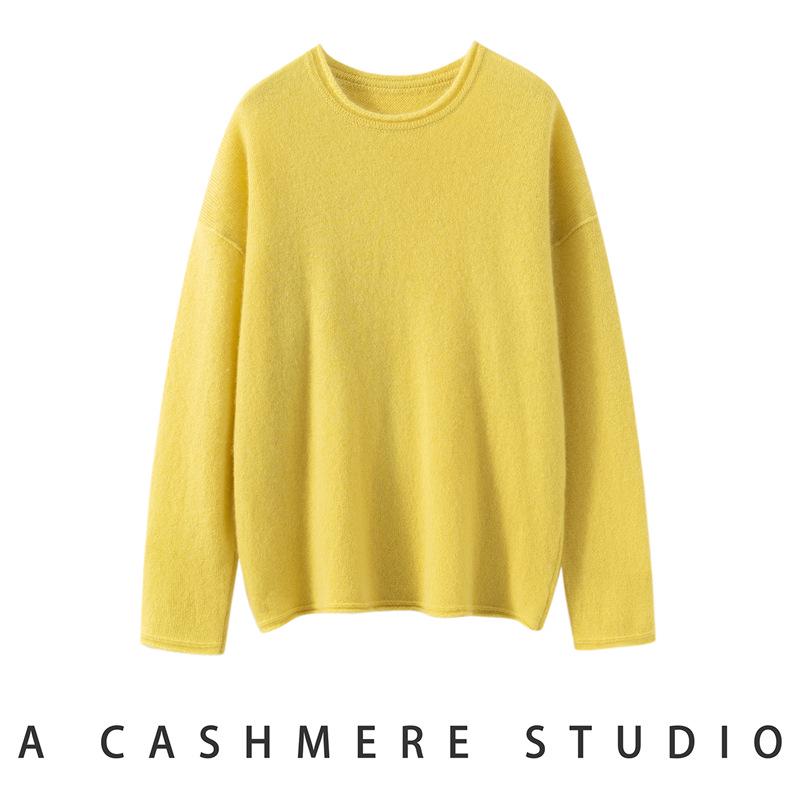 Rolled-Edge Round Neck Cashmere Sweater - Autumn 2026 Women's Knit Base Layer, Versatile Loose Slimming Pullover
