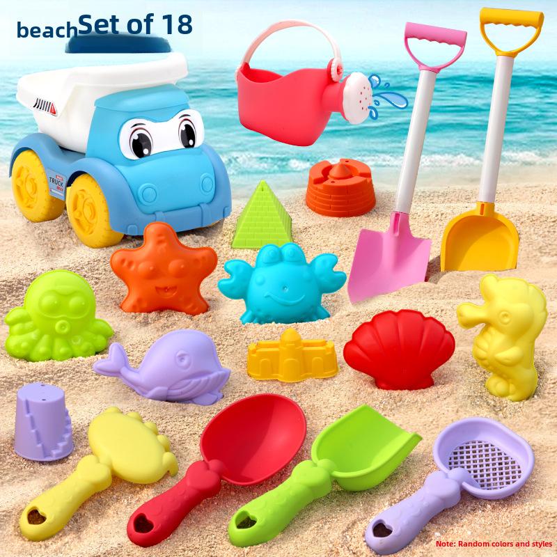 

Детский пляжный набор игрушек: Машинка, ведро, лопата, песочные часы и песочные инструменты для игр с водой и песком.