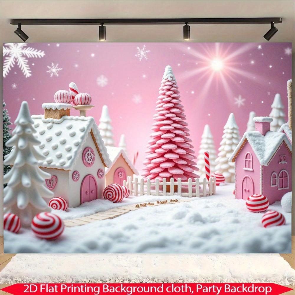 A sweet Christmas village background banner a festive winter wonderland of pink houses candy canes and snow trees