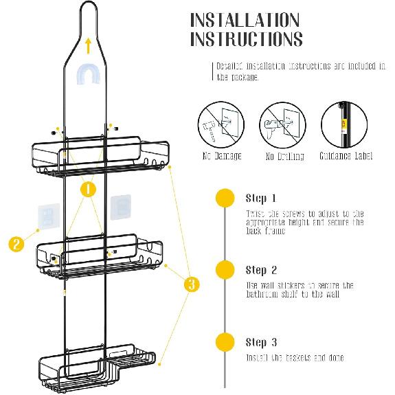 Shower Caddy Hanging Bathroom Organizer: Over Head Adjustable Rack for Tall Showerhead - Extra Large Storage Shelf for Big Shampoo Bottles with Soap