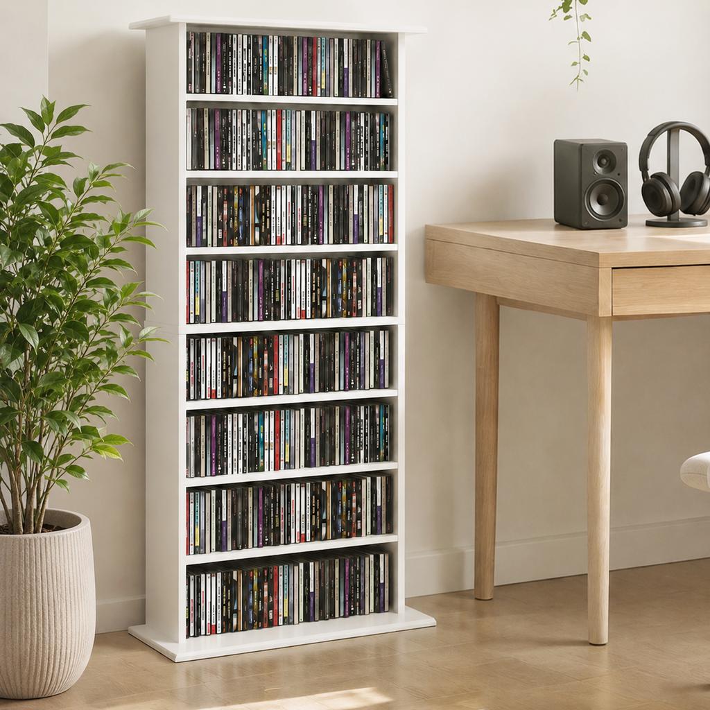 Narrow Media Cabinet, 8 Levels, 6 Adjustable Shelves, 8 Compartments, for 360 CDs, White