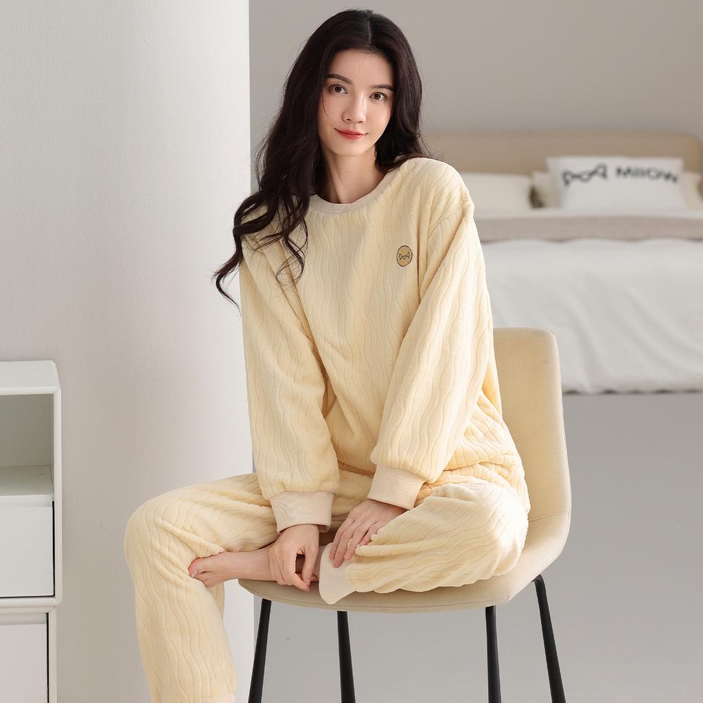 Flannel Pajamas Women'S Autumn And Winter Fleece Thickened Warm Suit Sweet Coral Fleece Loungewear