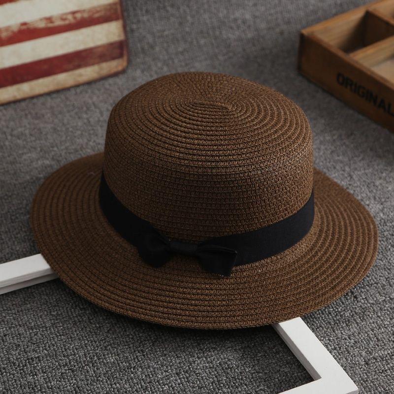 Women's Flat Top Vacation Straw Hat Solid Color Wide Bow Bow Hat Sunscreen Beach Hat