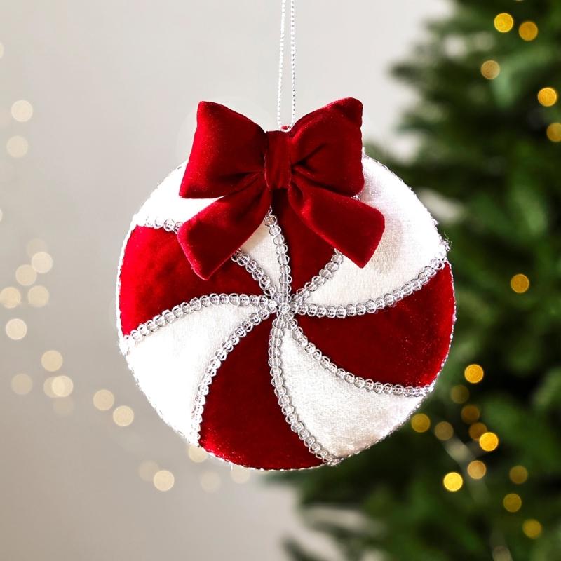 Soft Fabric Bowknot Candy Christmas Ornament with Hanging Loop for Tree Wreaths, Seasonal Displays, and Party Backdrops