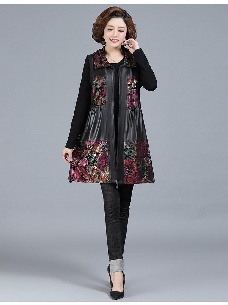 Stylish Plus Size Mid-Length Leather Vest for Middle-Aged and Elderly Women – Spring and Autumn, Lightweight and Noble, Loose Fit