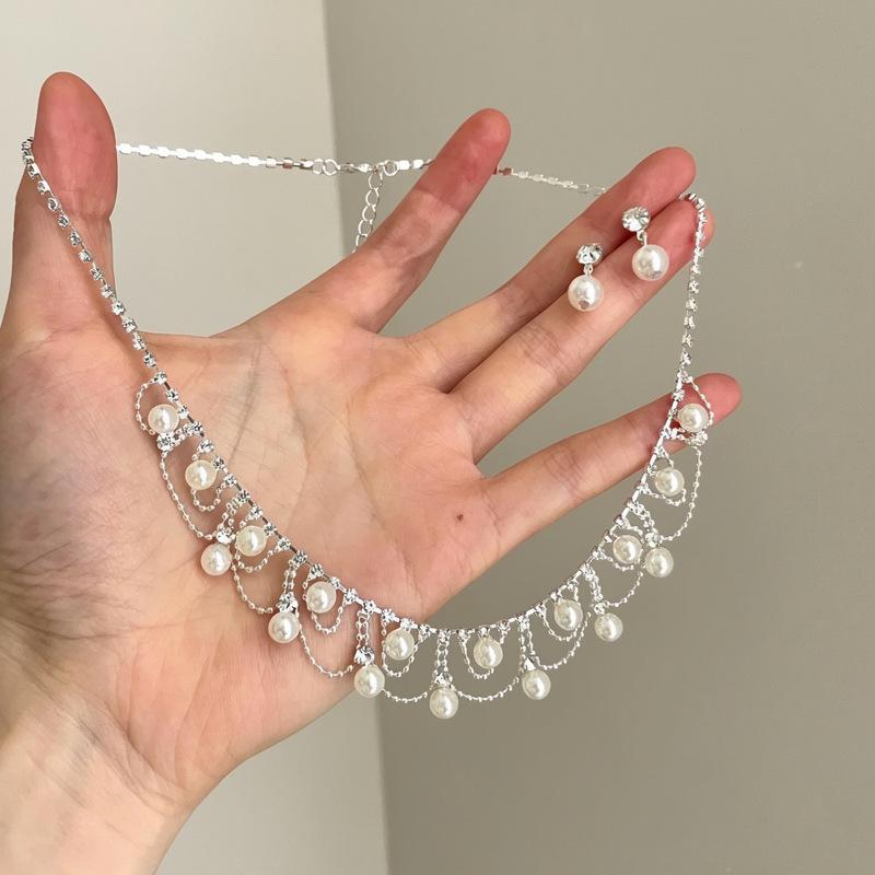French lace pearl necklace stud earrings set light luxury retro court style elegant dinner dress temperament jewelry women