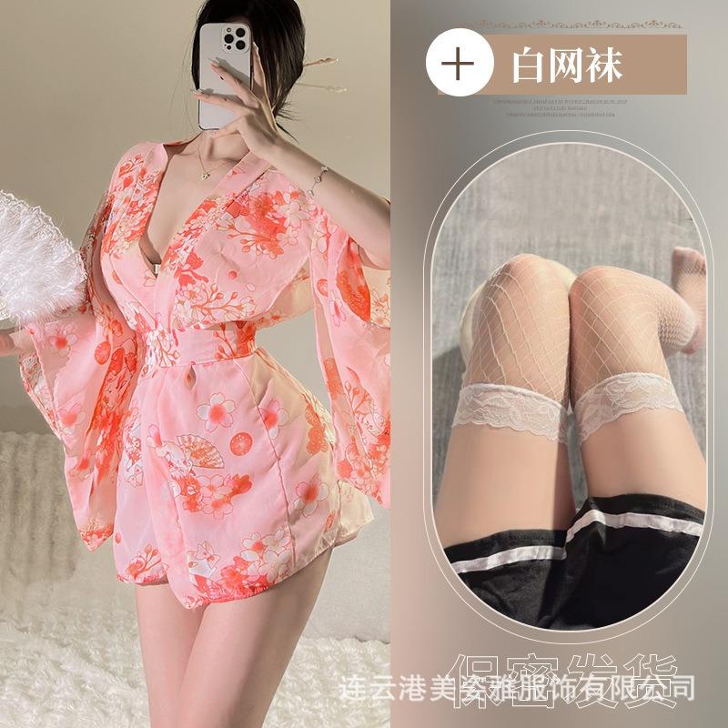 Sexy Underwear Large Size Sexy Japanese Cherry Blossom Kimono Hot Spring Bathrobe Large Size Collar Low Chest Bow Print Woman
