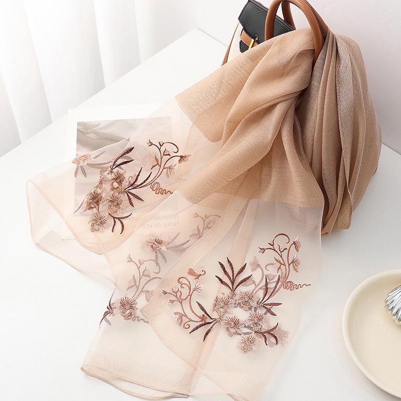 Four Season silk wool scarf women hijab pashmina shawls wrap Bandana Blanket Floral Pashmina Embroidery Scarves Foulard
