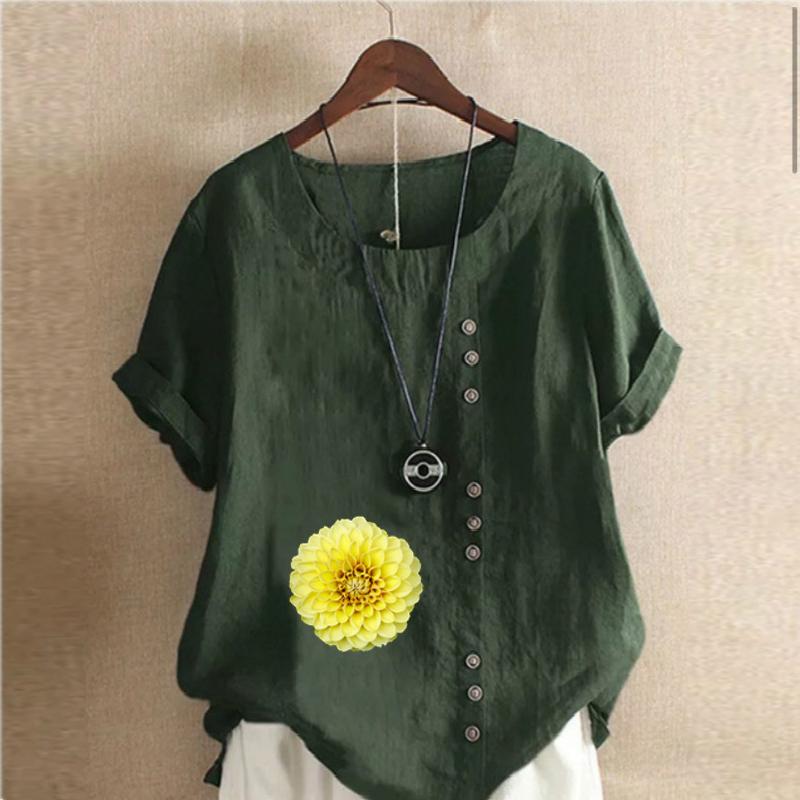 Women's Fashion Round Neck Short Sleeve T-shirt Casual Cotton Linen Graphic Shirt Leisure Loose Flower Prined Summer Blouse Tops