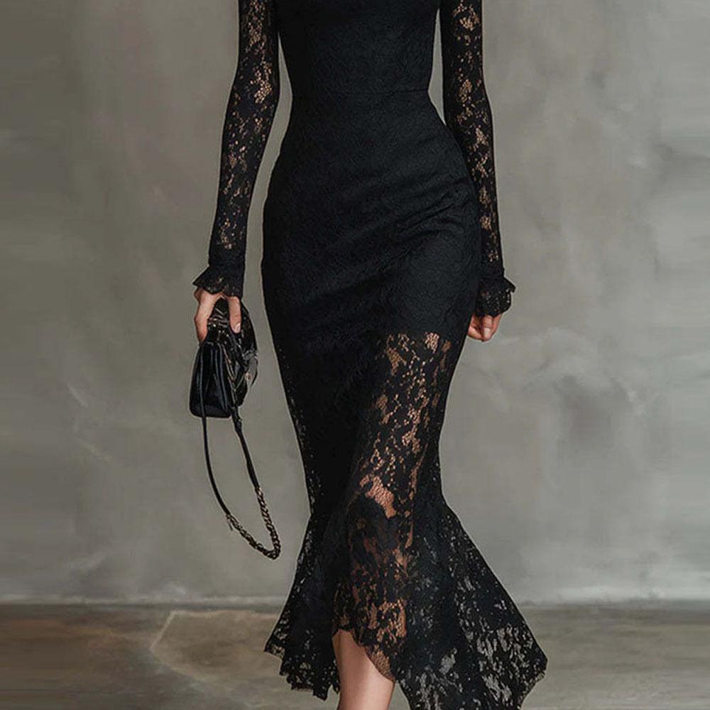 European and American luxury temperament banquet long-sleeved dress season high-waisted slim figure hip-hugging long skirt girl