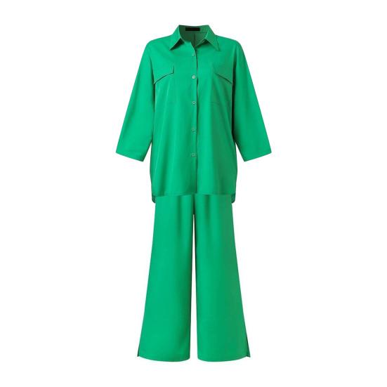 Women's Cotton Linen 2 Piece Outfit Button Down 3/4 Sleeve Shirts And Slit Wide Leg Pants Set Casual Loose Lounge Tracksuit