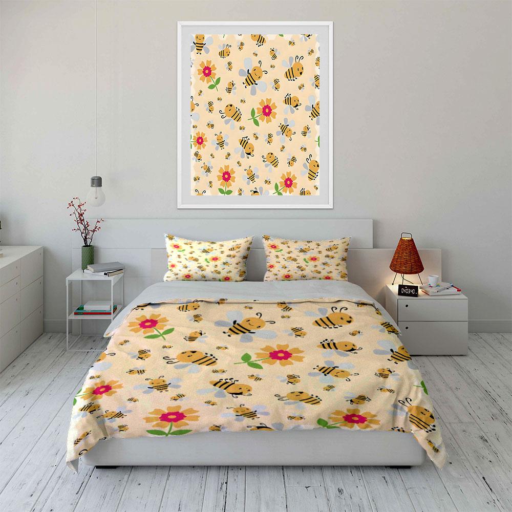 Cute Bees and Flowers Pattern Bedding Duvet Cover Set (1*Duvet Cover 2*Pillowcases, without duvet insert)