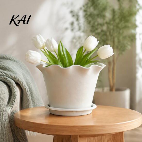 Plant Containers for Flowers Wavy Edge Planter with Saucer, Thickened Flower Pot Simple Style Planting Drainage Holes, Modern Indoor Outdoor