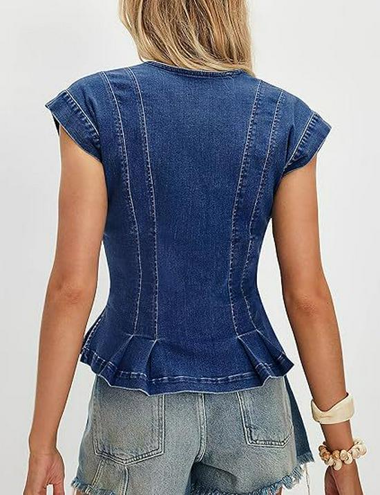 Women's V-neck Button-up Slim Fit Pleated Denim Vest Top