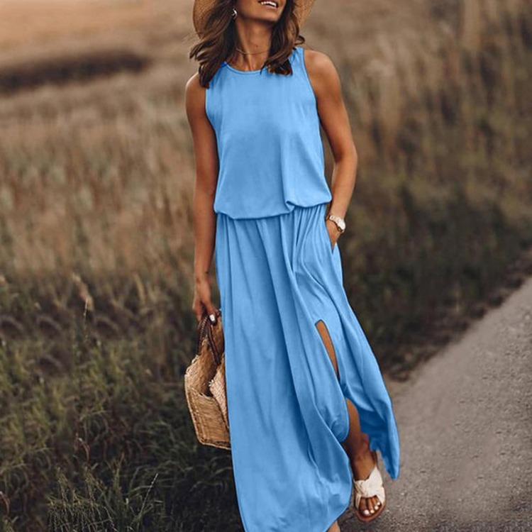 Summer Women Sleeveless Casual Beach Party Dress Solid Color Round Neck Swing Long Dress