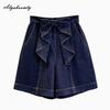 Korean Style Summer Women Basic Shorts High Waist Bow Stylish Blue Denim Straight Shorts Casual Loose Plus Size Streetwear Ladies' Shorts XL-5XL