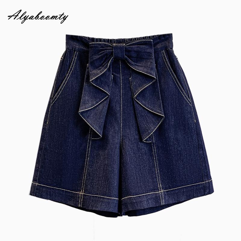 Korean Style Summer Women Basic Shorts High Waist Bow Stylish Blue Denim Straight Shorts Casual Loose Plus Size Streetwear Ladies' Shorts XL-5XL