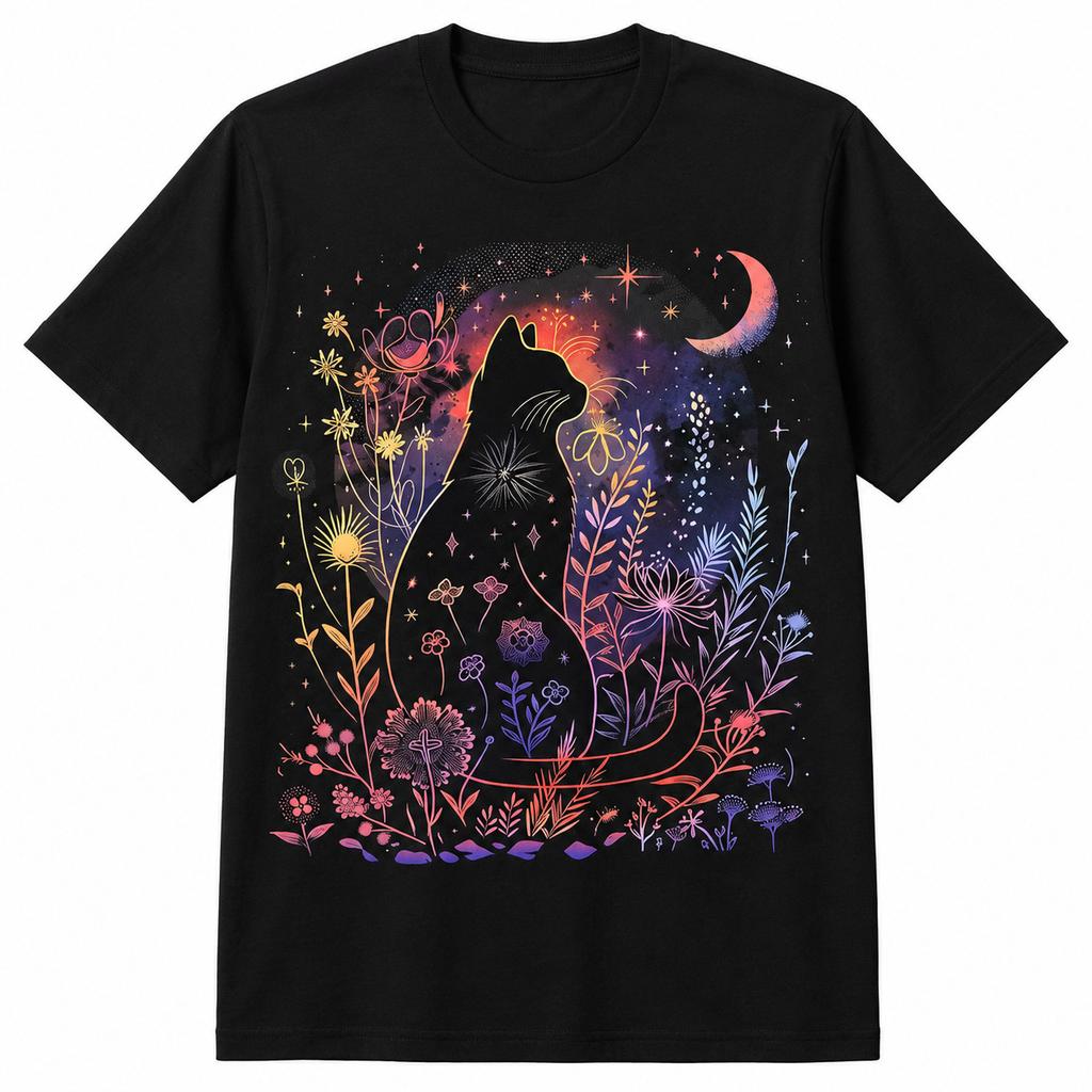 Gothic Black Cat Moon T-Shirt Mystical Celestial Night Sky Witchy Cat Lover Tee