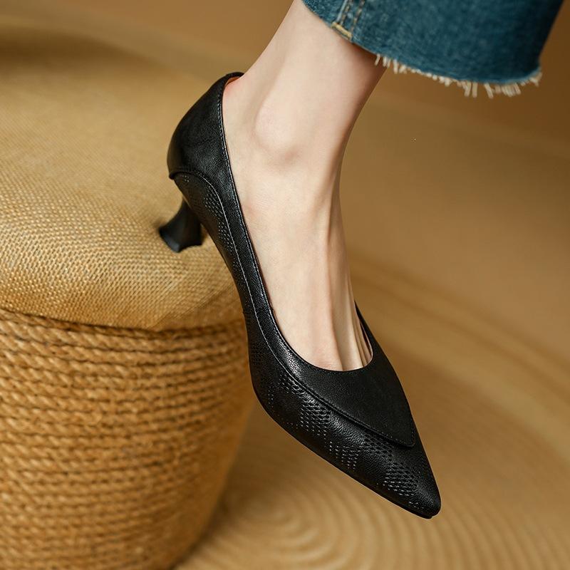 Cm Thin Heel Shallow Mouth Single Shoes Women's Soft Pointed Head 5 Black Sheepskin Commuting Temperament High Heel Small Leather Shoes