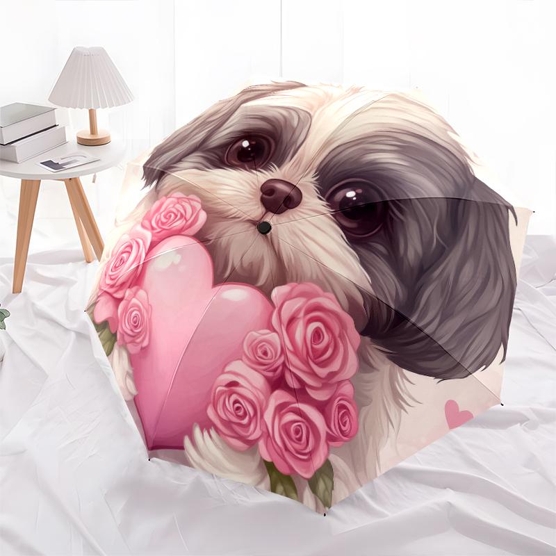 Heart and Shih Tzu pattern, automatic folding umbrella, portable and foldable design, 8 ribs, a Christmas or birthday gift.