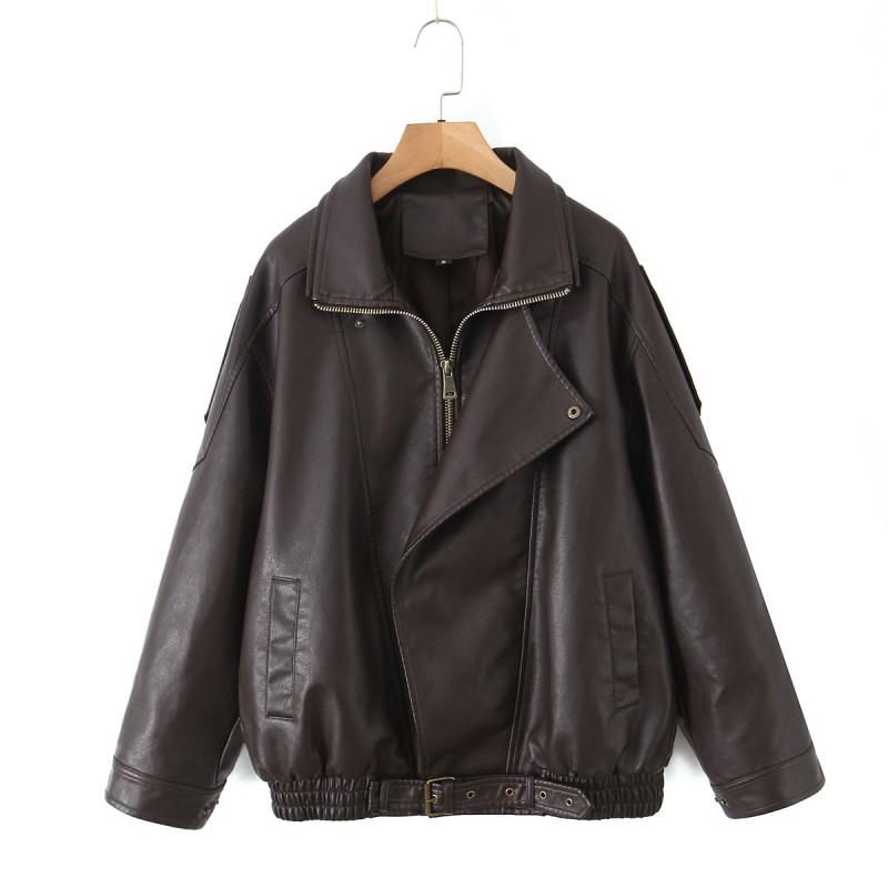 Womens Oversized PU Leather Jacket With Double Layer Collar Vintage Style 2026