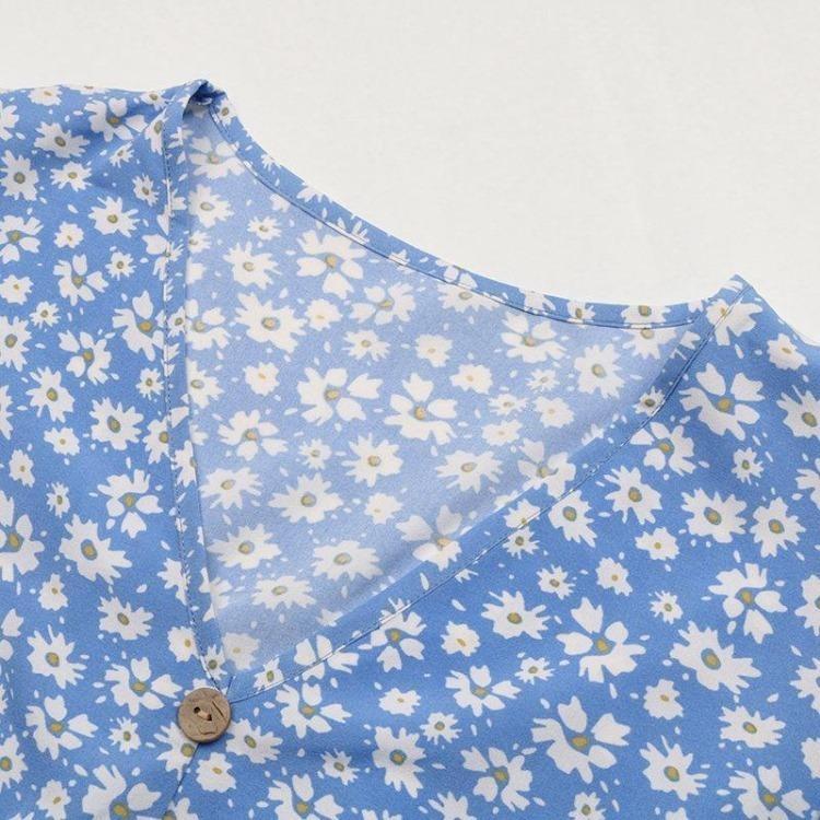 Floral Print High Waist V Neck Dress with Irregular Flying Sleeve for Women