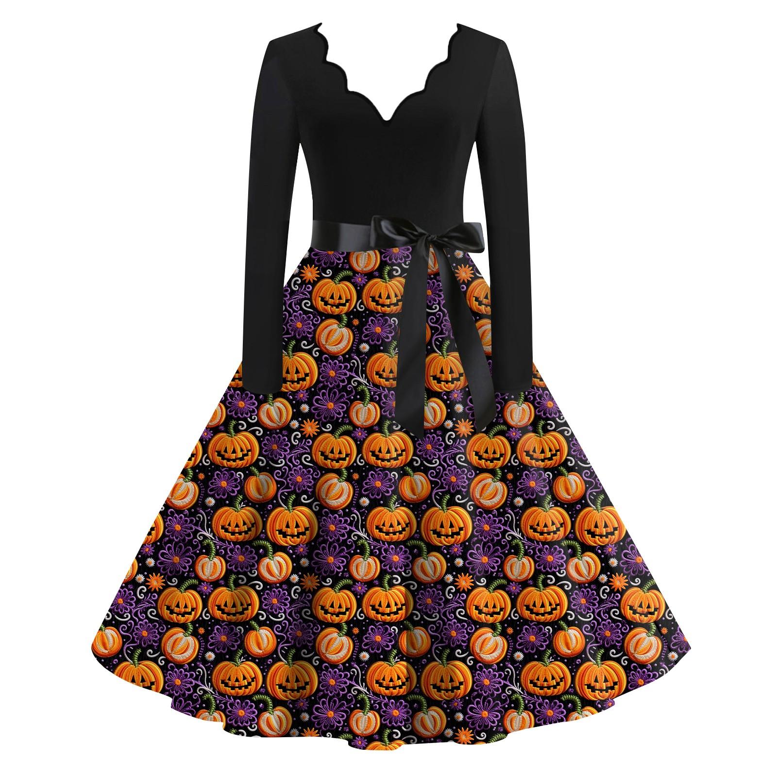 

Женская повседневная мода с длинным рукавом Хэллоуин принт винтажные длинные платья осень XL фиолетовый