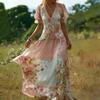 Women's Boho V-Neck Maxi Dress, Floral Print Short Sleeve Casual A-line Dress, Vintage Western Travel Vacation Outfits