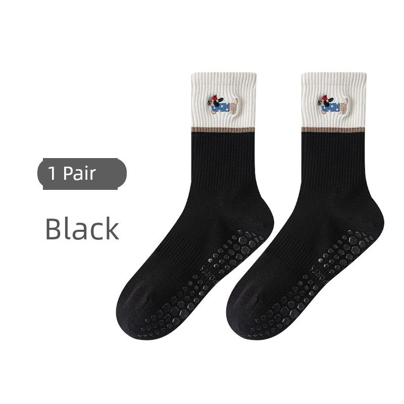 

Non Slip Massage Sole Breathable Foot Surface Cartoon Embroider Sports Cute Yoga Ladies Knee Socks Socks Black