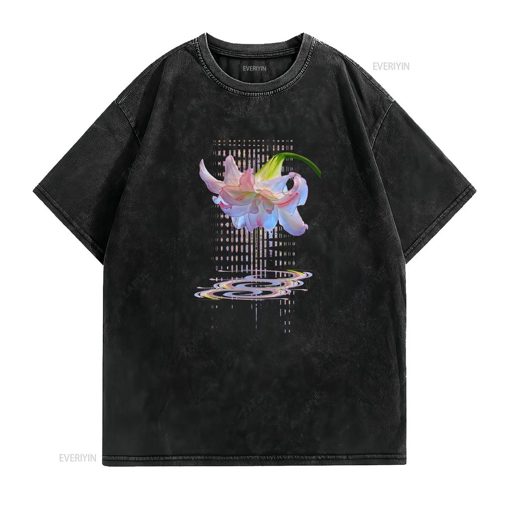 Psychedelic Glitch Art Lily Flower Print Casual T Shirt Vintage Washed Comfortable Streetwear Versatile Fashion Stylish