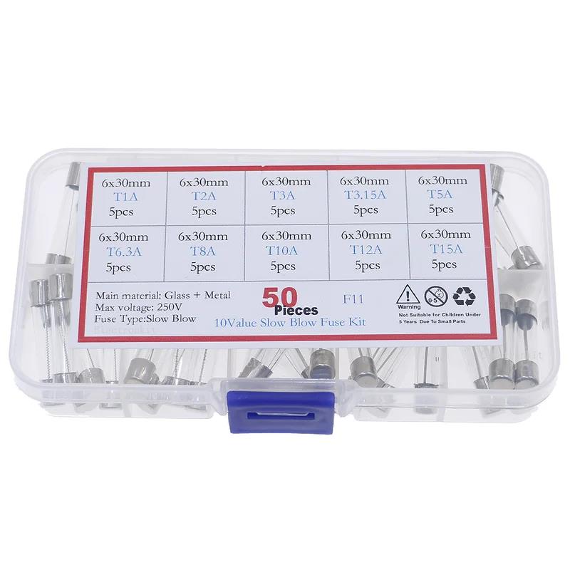 50Pcs 10Value 6x30mm T1A 2A 3A 3.15A 5A 6.3A 8A 10A 12A 15A slow Blow Glass Tube Fuse Assorted Kits Fuses4
