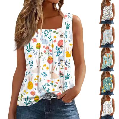 Moda feminina casual básica plissado botão simples gola quadrada sem mangas colete estampado verão regatas