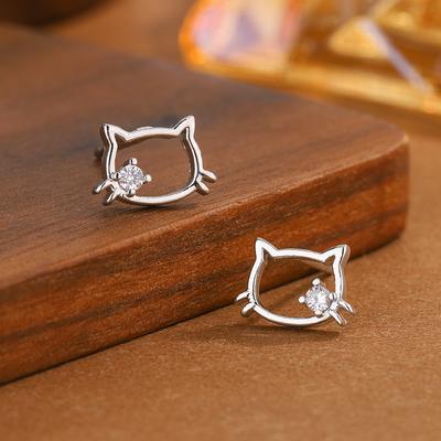 Fashio And Cute Cat 925 Sterling Silver Jewelry Simple Temperament Zircon Inlaid Hollow Animal Earrings E147