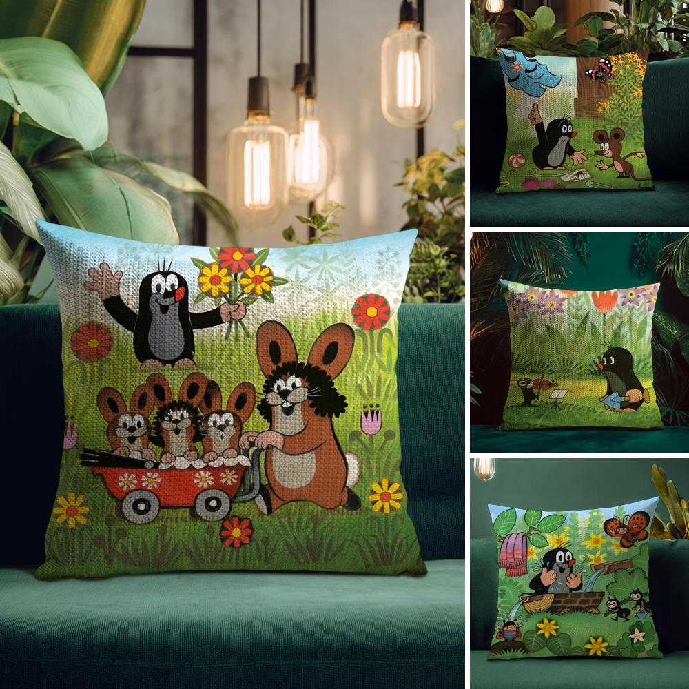 TThe LittleE Mole Cartoon Cushion Cover Natural Linen Pillow Case DoubleSided Print Decorative Sofa Pillowcase Home Decor Gift