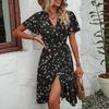 European and American Summer New Women's Temperament Elegant French Print Skirt V-neck Lace-up Dress Women