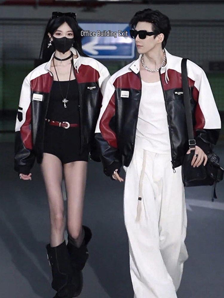 Stylish Men's Red Patchwork Leather Motorcycle Jacket - Spring/Autumn Retro Couples' Design