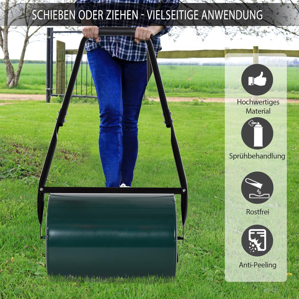 30 L Garden Lawn Roller with Water/Sand Filled Drum, Heavy Duty Steel Lawn Push Rolling Tool, Dark Green