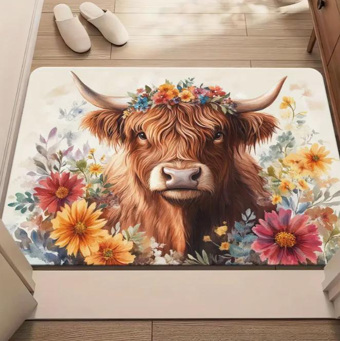 Head Mounted Flower Wreath Cow Floor Mat Entrance Bedroom Entrance Living Room Bathroom Bathroom Entrance Laundry Room Floor Mat