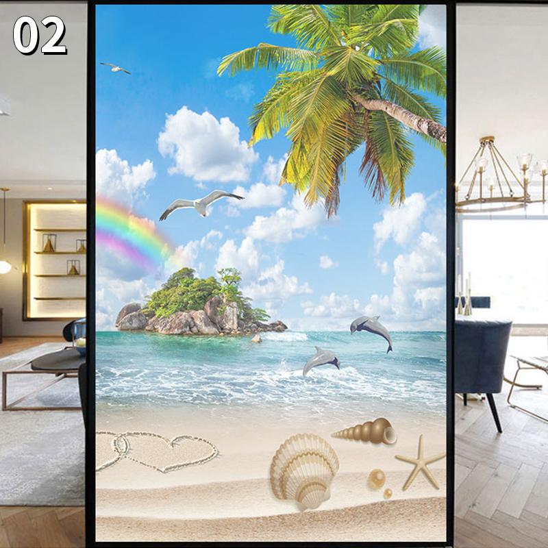 

Scenery Privacy Windows Film Summer Landscape Painting Ocean Beach Stained Glass Stickers Static Cling Frosted Glass Films (as the picture,40x80cm)