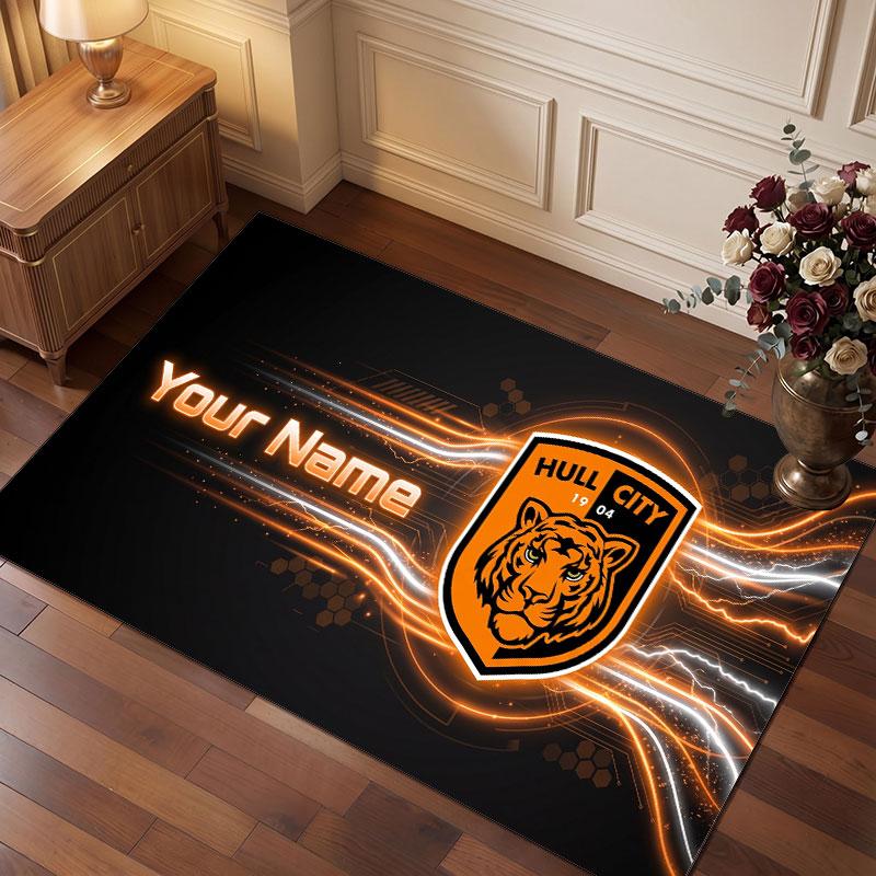 Hull City Custom Crystal Velvet Rug, Personalized Name Text Print, Football Logo Soft Non‑Slip Floor Mat Home Decor Gift