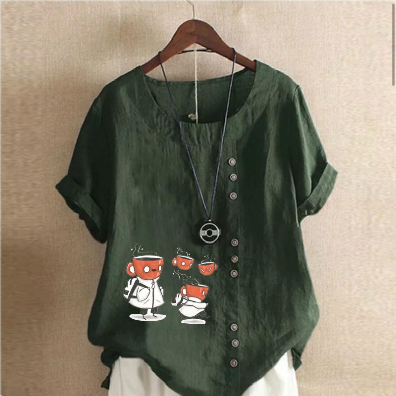 Women's New Fashion Linen Shirt Round Neck Short Sleeve Cupbearer Printed T-shirt Summer Ladies Casual Plus Size Blouse Tops
