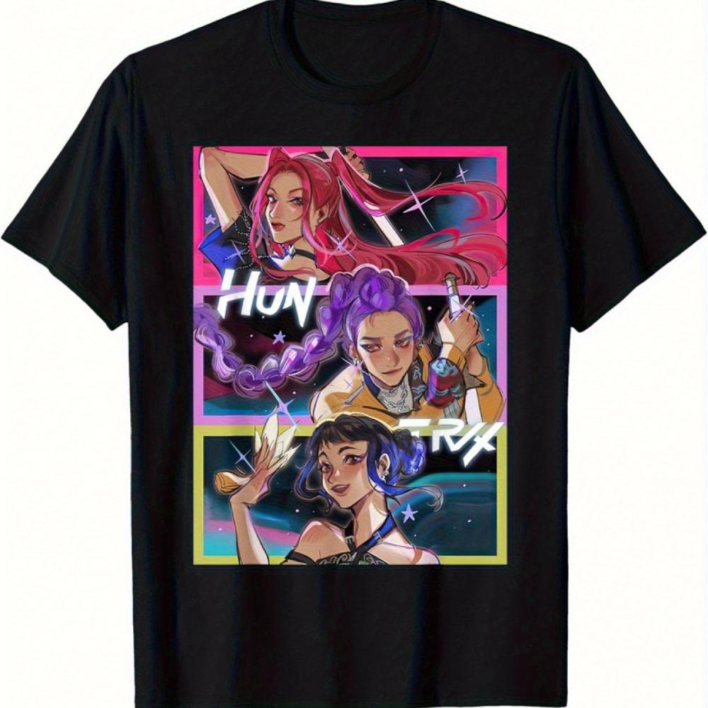 Men's Kpop Huntrix Anime T-shirt Black Short Sleeve Round Neck With Iconic Huntrix Characters All-season Fit For K-pop Fans