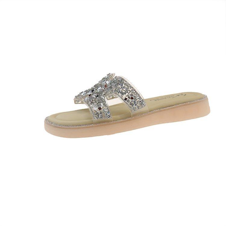 

[youshilai] French rhinestone cool slippers 2025 new summer fashion versatile thick-bottomed one-word slippers 35