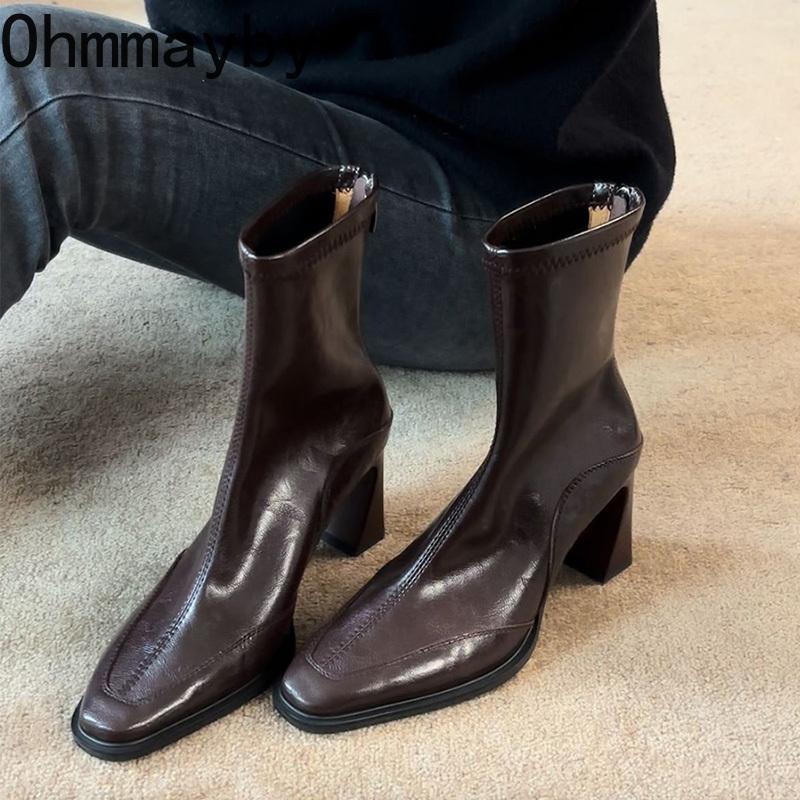 Vintage High Heel Women Ankle Boots Fashion Square Toe Short Booties Autumn Winter Ladies Shoes Botas Mujer